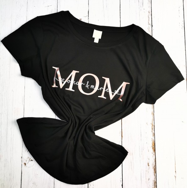 Personalisiertes MOM Shirt Schwarz Roségold mit Namen der Kinder